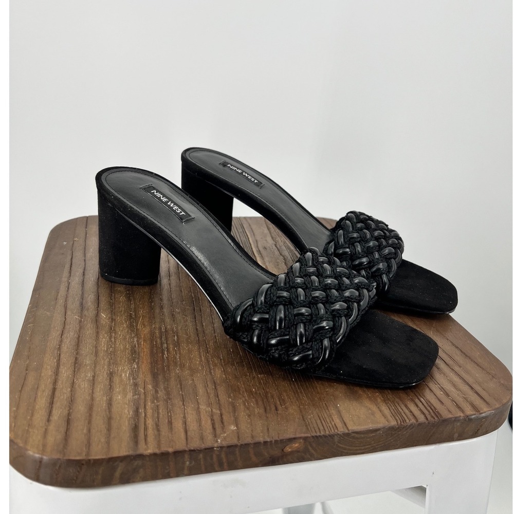 Nine West Black Woven Block Heel Slide Sandals Square Toe Mules Womens 10M